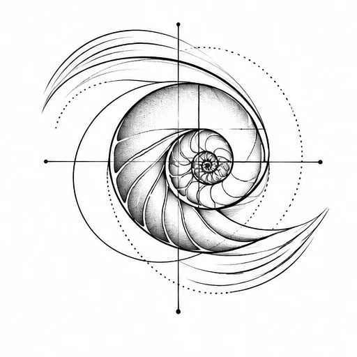 Black and white tattoo design of a shaded nautilus shell with geometric circles and crosshair lines