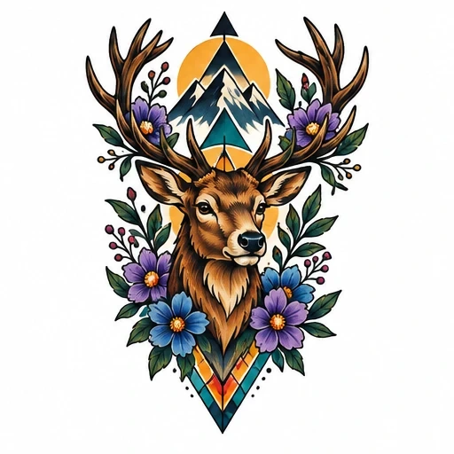 Deer stag head surrounded by flowers and geometric mountain shapes