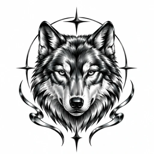 Black and chrome wolf head tattoo design with circular starry halo and chrome ribbons