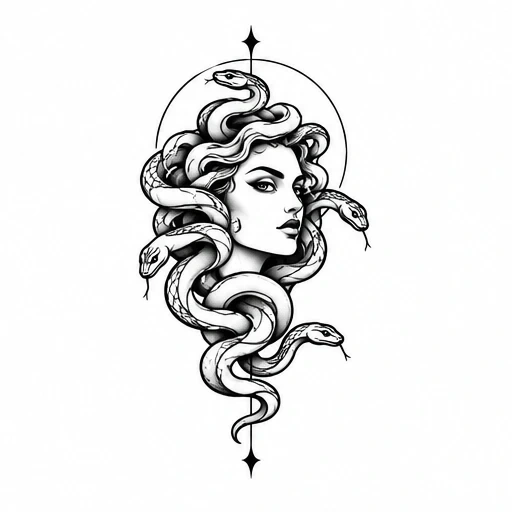 Black and white line art of a woman's face with snakes for hair, circular halo and vertical line with diamond tips.