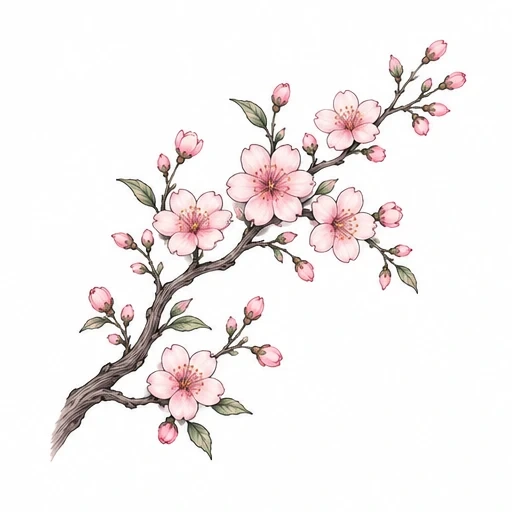 Cherry blossom branch with pink flowers, buds, and green leaves