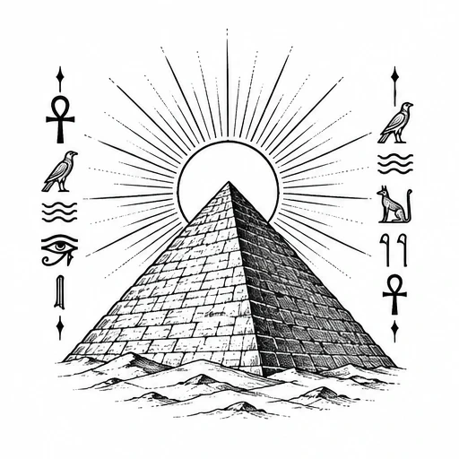 Black and white pyramid with sun rays and Egyptian symbols around it