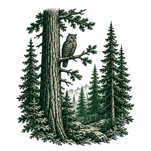 Illustration of an owl perched on a branch of a large pine tree surrounded by evergreen trees and forest rocks.
