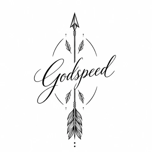 Black line tattoo design of a feathered arrow with the word Godspeed in cursive across the center