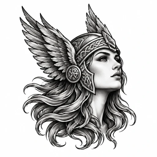 Black and gray detailed illustration of a Valkyrie woman wearing a winged helmet, looking upward with flowing hair.