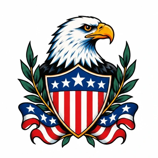 American eagle tattoo holding a shield with stars and stripes, accompanied by laurel branches and a red, white, and blue ribbon.