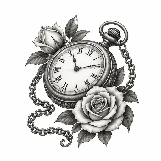 Black and gray tattoo design of a vintage pocket watch with a chain, surrounded by two roses and leaves.