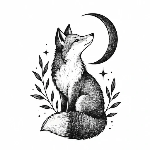 Black and white fine line tattoo design of a sitting fox looking up at a crescent moon with leaves and stars around it