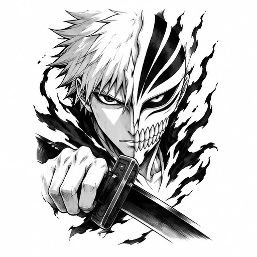 Black and white tattoo art of Ichigo Kurosaki with half Hollow mask and sword
