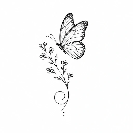 Fine line black ink tattoo design of a butterfly flying above a curved stem with small flowers.