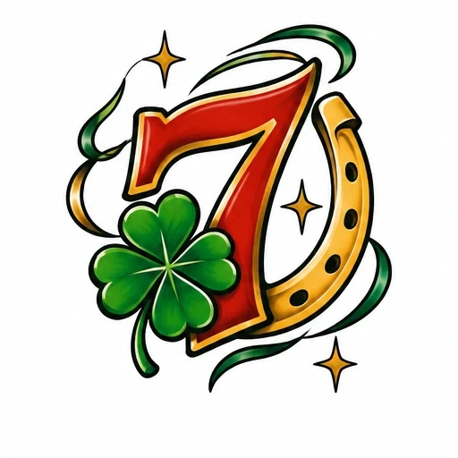 Tattoo design of red number seven with golden horseshoe, green four-leaf clover, and stars on white background