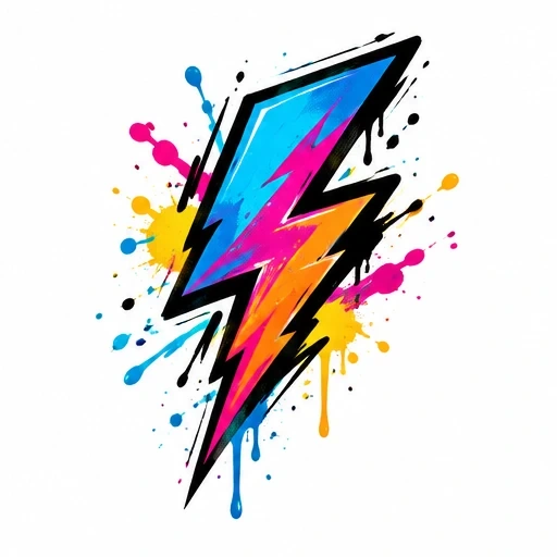 Colorful lightning bolt with paint splatters and drips in blue, pink, orange, yellow, and black.