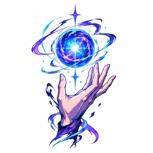 Anime style hand holding a glowing blue and purple energy orb with swirling energy rings and spark effects