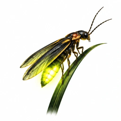 Realistic firefly with glowing yellow-green abdomen sitting on a green blade of grass