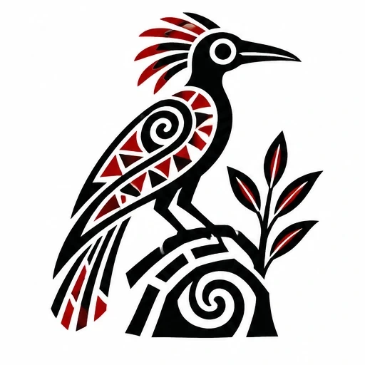 Taino tribal style bird perched on a rock with red and black geometric patterns and foliage.