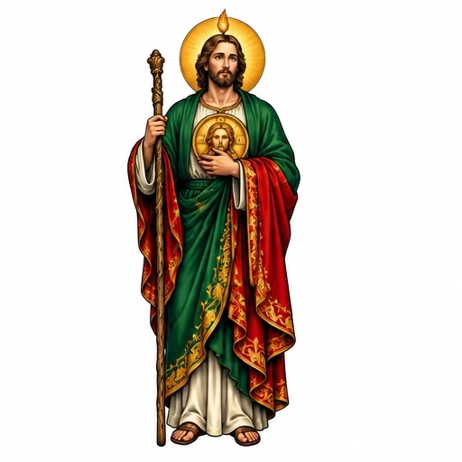 Full-length Saint Jude holding staff and medallion, wearing green and red embellished robes with golden halo