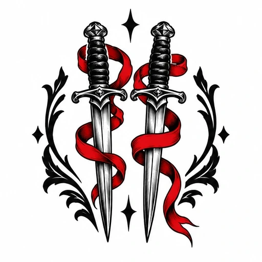 Two symmetrical daggers wrapped in red ribbons with black decorative flourishes and stars