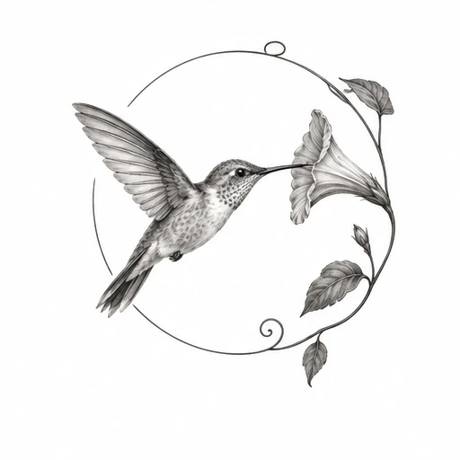 Black and grey micro-realism tattoo of a hummingbird feeding from a morning glory flower framed by a circular vine with leaves.