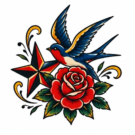 Traditional tattoo design of a flying blue swallow above a red rose and a red-black-yellow star with decorative gold swirls