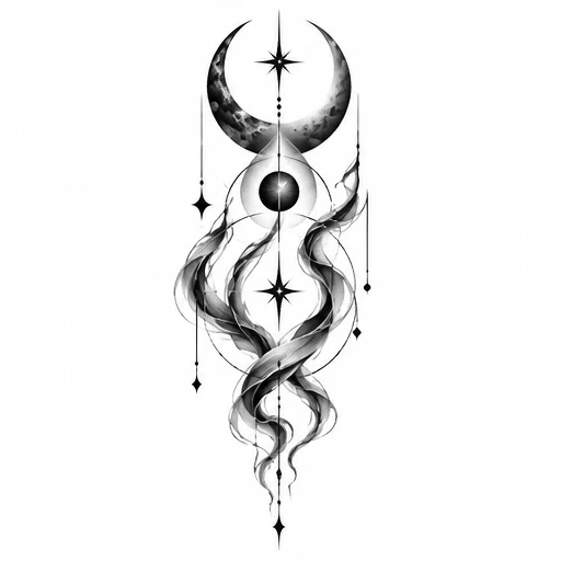 Black crescent moon tattoo with eye and smokey flowing shapes, stars and vertical lines