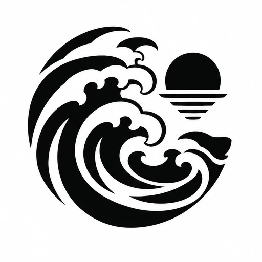 Black circular tattoo design with stylized ocean waves and a setting sun