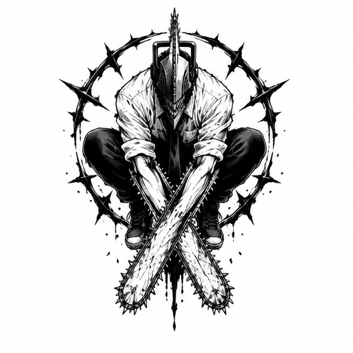 Black and white drawing of a crouching character with a chainsaw helmet and crossed chainsaws, framed by a thorned circle.