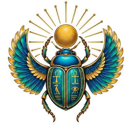 Colorful Egyptian scarab beetle with wings spread wide and sun disk above