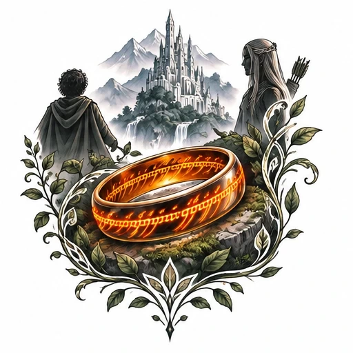 Illustration of the One Ring glowing on mossy stone, with Frodo and Legolas standing on either side, and a castle on mountains in the background surrounded by leafy vines.