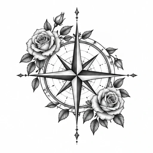 Black and grey compass rose tattoo design with two realistic roses and leaves on either side