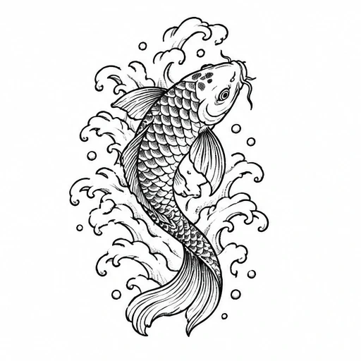 Black and white koi fish tattoo design with water waves and bubbles
