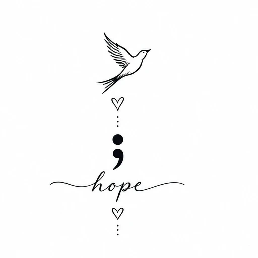 Minimalist semicolon tattoo design with hearts, bird, and the word hope in script.
