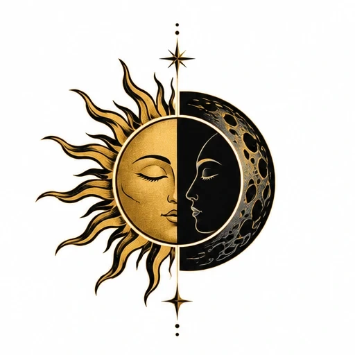 Tattoo design of a sun and moon with peaceful faces split down the middle and a vertical star line.