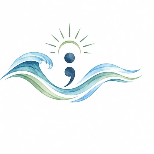 Watercolor tattoo of a semicolon with blue and green waves and green crescent sun with rays