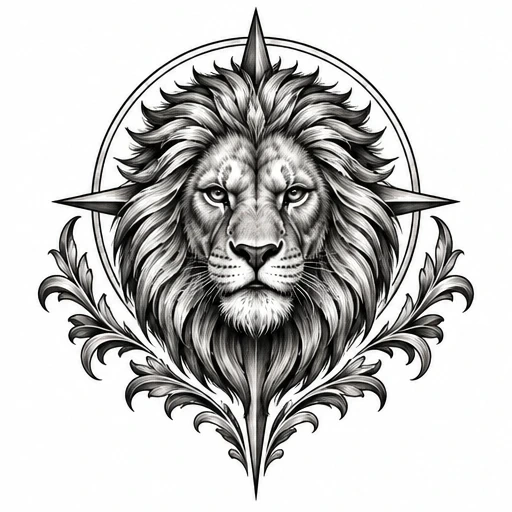 Black and gray lion head tattoo with compass points and ornamental foliage below