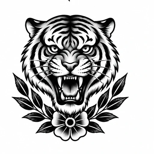Black and white tattoo of roaring tiger head framed by floral wreath with leaves and flower
