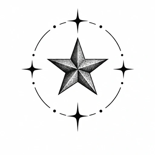 3D shaded geometric star surrounded by circular dotted line and four radiant stars