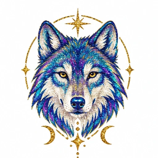 Glittery blue and purple wolf head tattoo with golden celestial stars and crescent moons around it