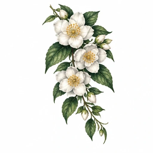 White jasmine flowers with green leaves and buds in a detailed botanical tattoo design.