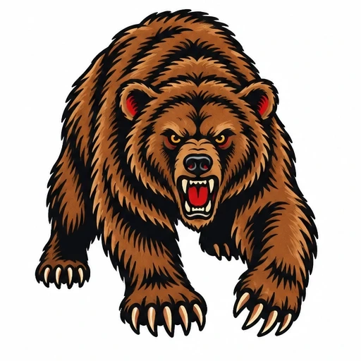 Traditional style tattoo of an aggressive brown grizzly bear with claws out and mouth open