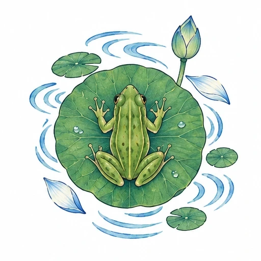 Green frog sitting on lotus leaf with water ripples and lotus bud, Japanese style tattoo design