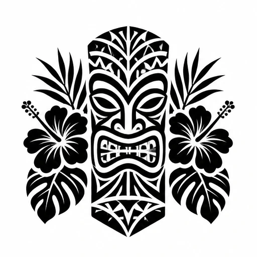 Black Polynesian tiki mask tattoo flanked by hibiscus flowers and tropical leaves in tribal style