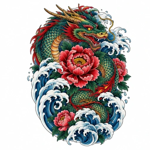 Japanese style tattoo of a green dragon wrapped around red peonies with blue and white ocean waves