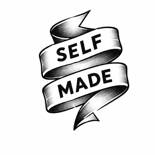 Black and white shaded ribbon tattoo with the words SELF MADE