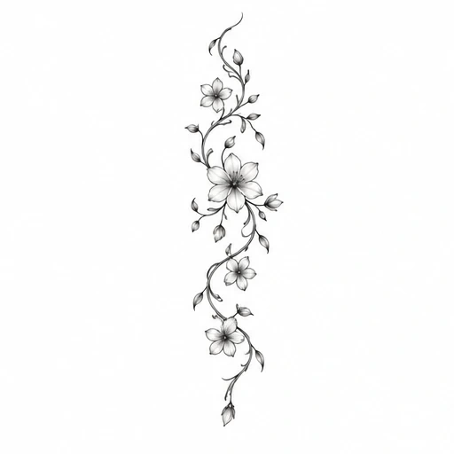 Vertical tattoo design of five shaded flowers on a slender vine with small leaves