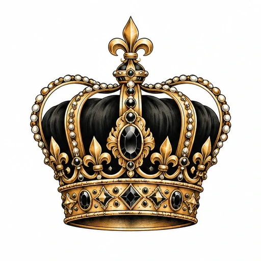 Golden crown with black jewels and fleur-de-lis decoration on white background