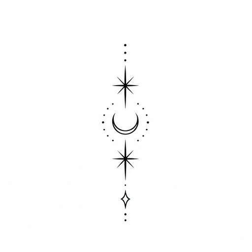 Minimalist tattoo design of crescent moon flanked by stars and dots in vertical alignment