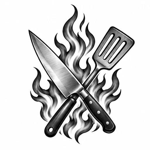Tattoo design of a chef's knife crossed with a spatula over stylized flames