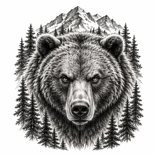 Grizzly bear head tattoo with pine trees and mountain in black and white ink