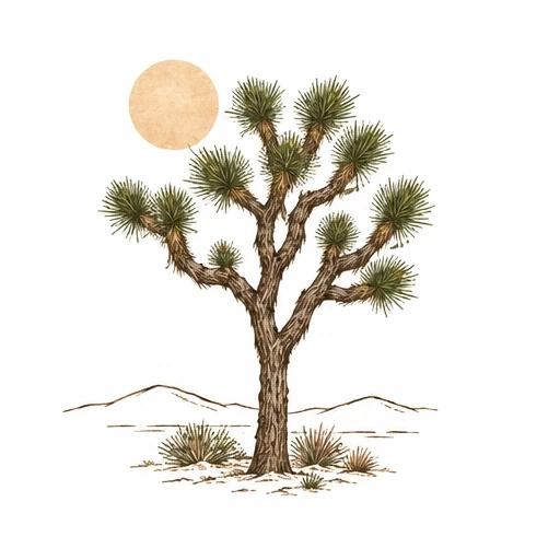 Illustration of a Joshua Tree with textured bark, green spiky leaves, desert bushes, sun, and distant hills