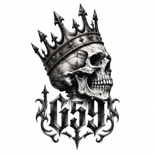 Grayscale tattoo design of a cracked skull wearing a spiked crown with gothic number 659 beneath.